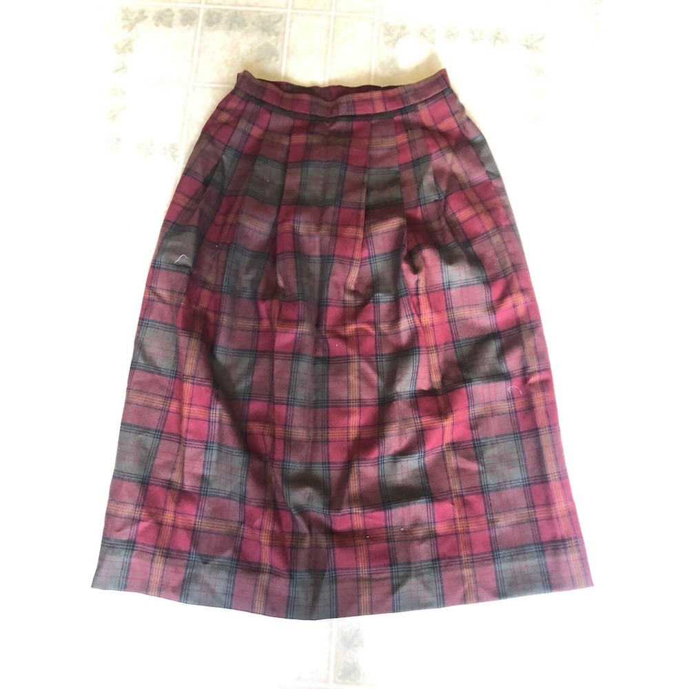 Vtg Lands' End Red Green Pleated Plaid Wool Lined Christmas Cottagecore Skirt